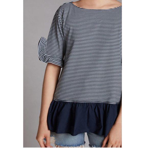 NWOT ✨ Anthropologie Maeve Ruffled Striped Colorblock Peplum Top Blue M - Picture 3 of 10